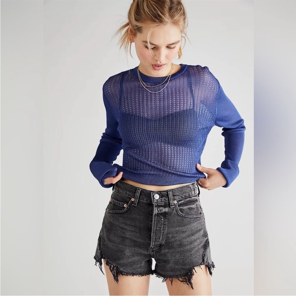 Free People H20 Crew Sheer Mesh Royal Blue Sweater Top Size XS